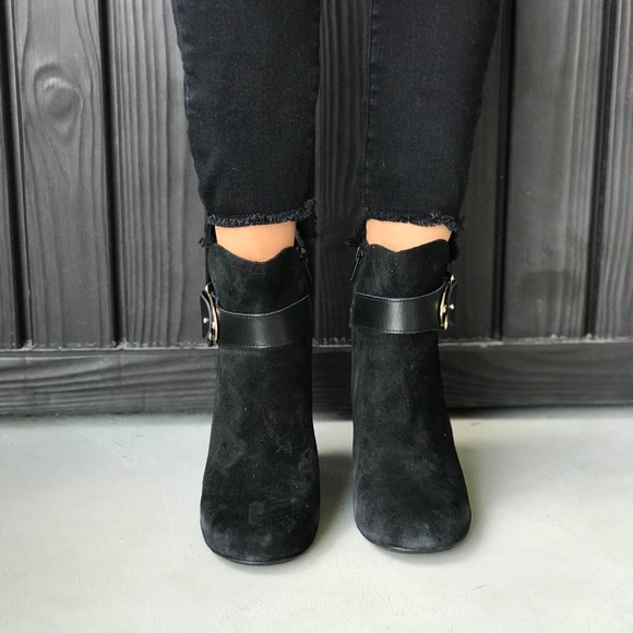 Black Distressed Suede Block Heel Ankle Booties - Picture 5 of 8